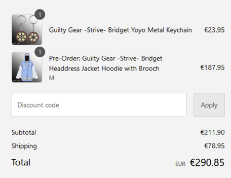 a screenshot of the bridget hoodie and a keychain totalling 211€, plus 79€ shipping