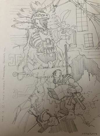 A dwarven treasure hunter leaves the jungle into the cool darkness beyond an entrance from a sinkhole. He’s checking his map next to the remains of an unfortunate prior explorer, and the long dead remains of one of the gigantic lizardfolk who built this trapped tomb.