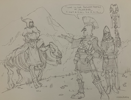A lich riding an undead rhinoceros is greeted by his undead general next to an undead standard bearer somewhere in the mountains in spring.