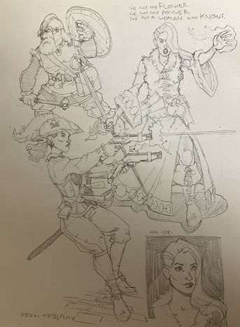 Three adventurers; dwarf cleric, changeling sorceress (inset portrait shows how hair normally covers her hag eye and can be brushed back), and twin matchlock pistol wielding gunslinger.
