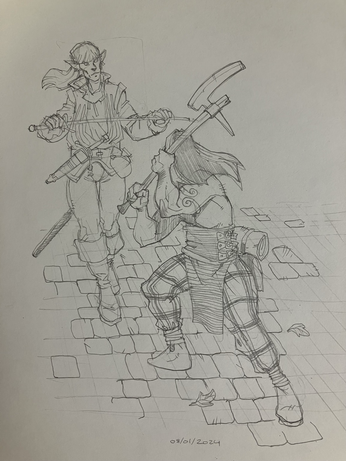 On a cobbled street a drow duelist readies his rapier to take on a tough barbarian axeman in improbable armor.
