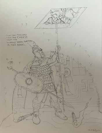 An armored fighter stands between torches lying on the floor- there’s enough light to see some of the wall reliefs in that room. Above him a trapdoor in the ceiling reveals his two companions and the rope he used to enter, but behind him in the darkness there’s hints of a lurking foe.