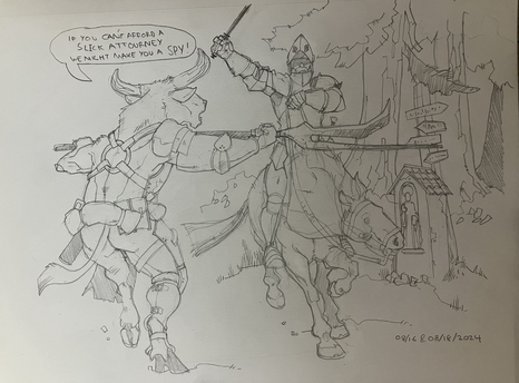 In a forest, by a roadside shrine, an armored knight charges a big minotaur, who uses his massive polearm to sweep the knight from his saddle.