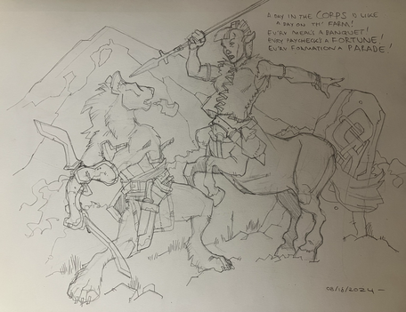 Somewhere in the northern mountains by a runestone, a snow gnoll and a Nordic centaur battle!