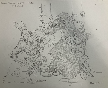An armored dwarf paladin barely dodges a fireball thrown by one of the gem eyes of a robed, skeletal undead.