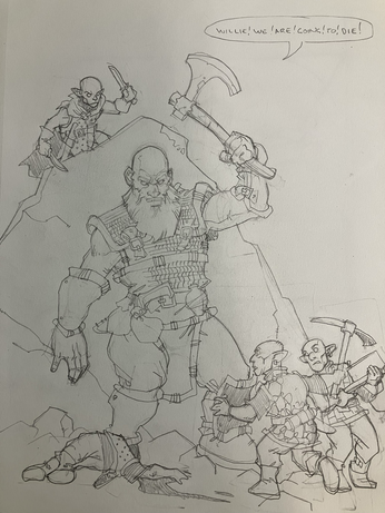 A group of svirfneblin (deep gnomes) corner a single duergar (gray dwarf) against some rocks. The duergar has used his enlarge ability to fight back and he’s downed one of the gnomes, but a gnomish rogue is sneaking up on him.