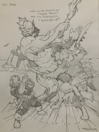 Dwarf wizard in vaguely period dress and gnoll ranger, standing on the ruined deck of a wrecked ship, face a towering aquatic ogre or giant armed with a shell edged club. In the background seabirds perch on rocks in the ocean.