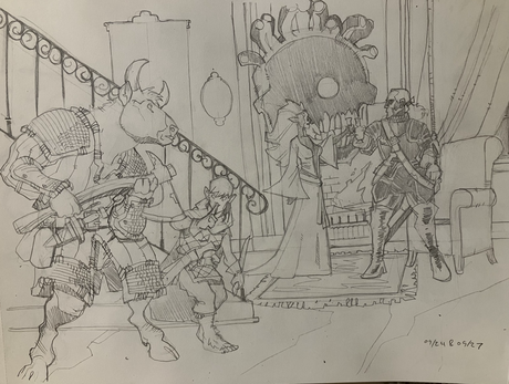 A halfling rogue and her axe equipped minotaur companion sneak into a manor house to disrupt a sinister meeting between a drow matriarch, human noble and a Floating Ayeball.