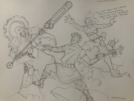 A combat between warlocks devoted to different patrons; axiometric warlock so devoted to the Plane of Law that he’s gradually replaced so much of his body he’s more machine than man, twisted and lawful, opposed by warlocks with Titan, Aquatic, and Fiendish patrons respectively.