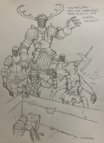 Dwarf and vulpine rogues investigate a sarcophagus filled with grave goods; what the fox notices and the dwarf hasn’t yet is the former inhabitant, a giant in armor, is looming behind them with two other undead knights.