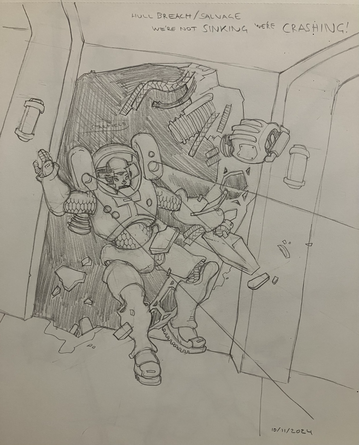 Astronaut boards a ship through the hull breach, along with her trusty drone companion.