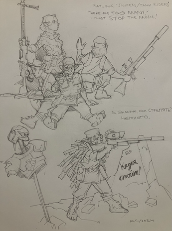 40K ratling snipers. The top group are an idea for tank riders, including a sniper hero with a “stubber,” inspired by the Vietnam era sniper who used a .50 cal machine gun modified for single shot shots because of range. The lower figure has set up Cadian body armor on a pole as a decoy.