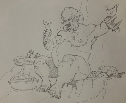 An immense bloated ghoul king sits among bowls and plates of body parts, eagerly feasting on a severed arm. If it was ever human that time is long gone, and it’s apparently quite immortal and never satiated by the misery it causes.