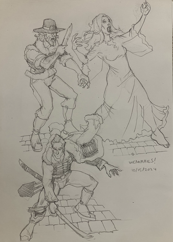 Three vampires; a hunter/gangrel type, a woman in diaphanous clothes, and a dude straight up dressed as a napoleonic hussar