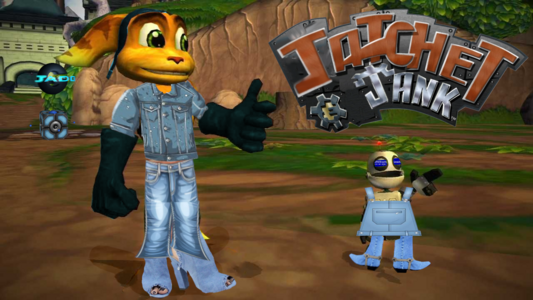 Screenshot from Ratchet and Clank depicting the duo standing on Novalis with various denim jacket, jeans, boots, heels, overalls, etc poorly editted onto their bodies.

The series logo has been modified to read "Jatchet & Jank"

A Gadgetron Vendor in the background has also been edited to replace the G with a J, making it a "Jadgetron" vendor.