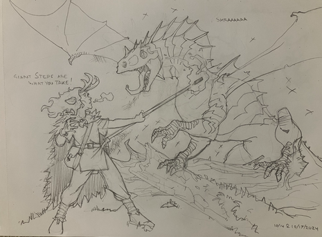 An elf druid conjures magical cold to ward off a relatively young green dragon crouched among fallen trees. Comic conventions used to show a large black area to be inked around the dragon.
