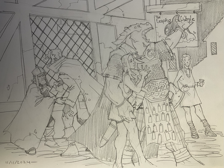 Night falls in a fantasy city. Outside an inn (“The Leaping Whale” according to its sign, half elf rentboys are soliciting clients; one poses with a cup of wine, another leans against a big brash dragonborn mercenary. Next to the inn’s windows and looking suspiciously at the pair are a dwarf and a human surreptitiously exchanging money for… something.