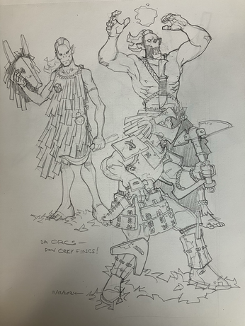 Orc PCs or sample NPCs in a more fantasy style, using straw rain capes as a cue. Druid with jackal psychopomp mask; moderately well off soldier; wizard/necromancer.