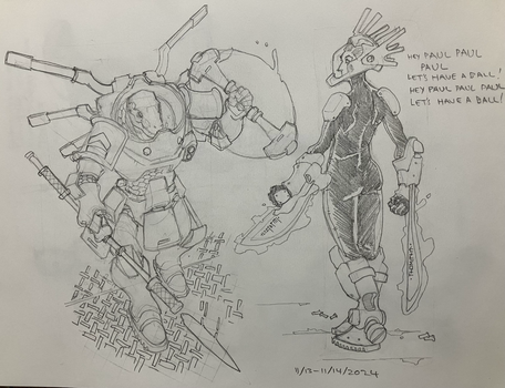 Two vaguely Starfinder types - reptilian alien in heavy armor, pike and shield are both force fields and I imagined currently inactive “dragon wings” and “helmet” as force generated. The space elf has more conventionally energized power weapons.