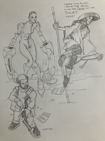 Vaguely Shadowrun. Some sort of cybered type (the long arms look seems to be going around lately), a dwarf merc with cybereyes loads his grenade launcher, and a nimble physical adept in traveling outfit.