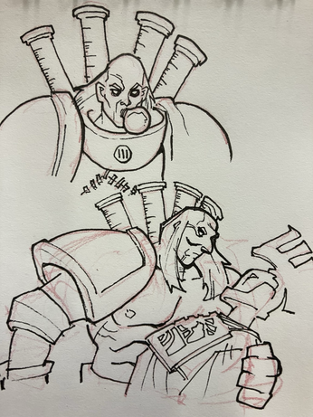 A cartoon of 40K named character Fabius Bile successfully illuminating a light bulb in his mouth. Below, another cartoon of the same romancing a swooning farseer while displaying his chiseled abs.