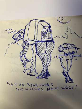A drawing of an AT-AT and AT-ST walker on Endor, both of which have luxurious gams