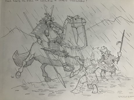 In the rain, a mounted samurai charges two derro, little insane D&D dwarves, who are armed with a firelance as well as a hook.