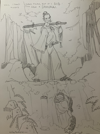 A ronin crosses stones over a waterfall, but within the water a kappa - a weird turtle like water spirit with a reserve of water in its head - lies in wait.