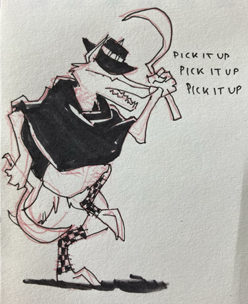 The death wolf dancing, wearing a porkpie hat and checkered stockings in addition to his signature cloak and scythes. He is telling you to pick it up pick it up pick it up.
