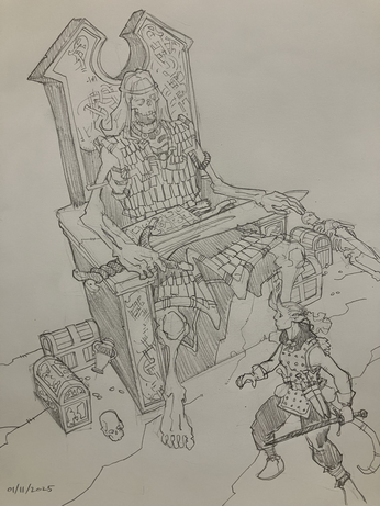 A tiefling adventurer finds herself next to the immense carven throne of a long dead giant king, archaic sword across his legs and flanked by treasures and trophies from life.