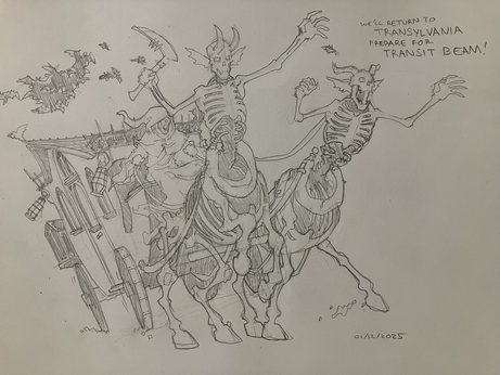 Drawn by two skeletal centaurs and driven by a specter or wraith, a vampire’s coach rumbles forward under a cloud of bats! Yes, I drew this while relistening to the Van Helsing soundtrack as mood setting.