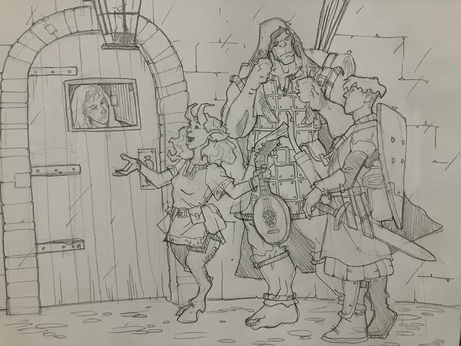 An adventuring party (satyr bard, goliath ranger, human fighter or cleric) arrive at some walled structure seeking shelter, and the guard checks them out through a small window in the door as rain falls.