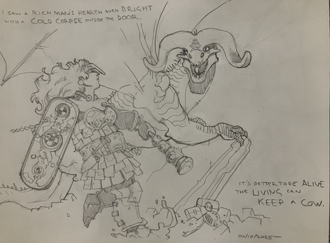 A fire giant faces off against a truly huge dragon perched on a rock outcropping.