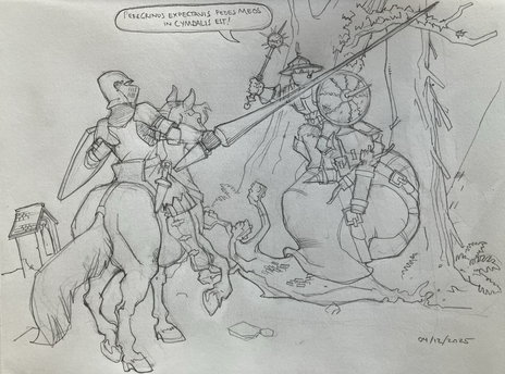 On a road by tall trees a human knight suddenly finds himself confronted by a goblin knight riding a fearsome flail snail.