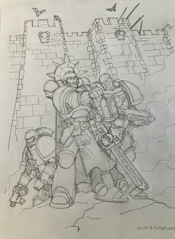 Beneath the battlements of a future fortress, a Space Marine watches an Astartes officer use some sort of portable shrine relic while a third Marine passes behind them.