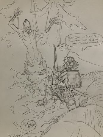 A brave samurai whose armor and weapons are vaguely Kamakura styled, is deep in a forest where the floor is covered in bones. Turning, he faces the source of those bones, a horrible part-grub part-human monster.