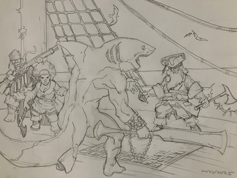 On the deck of a sailing vessel a huge wereshark wielding a gross rusty flensing hook faces three sturdy dwarf pirates. Arrr!
