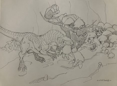 A gnome or goblin traveler pauses among mushrooms to watch two underdark titans - a big umber hulk and a smaller carnivorous dinosaur- battle it out! The theropod’s torn loose a chitinous arm but the hulk still readies a mighty blow!