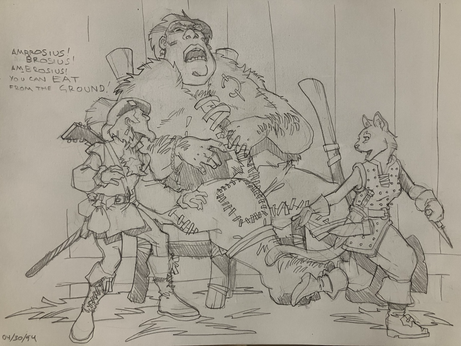 Two adventurers - a human bard and a catfolk/tabaxi rogue - sneak past a loudly snoring giant sentry asleep in his chair next to a huge axe. I tried to make him look a little like a Marauder Miniatures giant from the 90s.