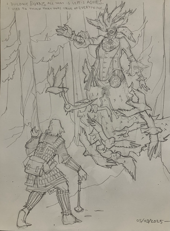 In a snowy woods, the Raven Queen herself emerges from a cloud of her ravens to speak with one of her clerics.