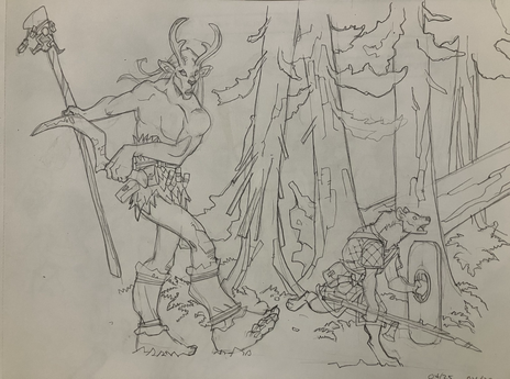 A forest giant, trained as a Druidic guardian, chases a gnoll intruder through the forest 