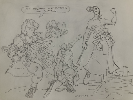 Unrelated characters. A weird undead looking critter swings a mighty machete at a lizard folk barbarian in some sort of woven armor, who sidesteps the blow - but his shield is shattered. And, a drow wizard gestures outside of a summoning circle.