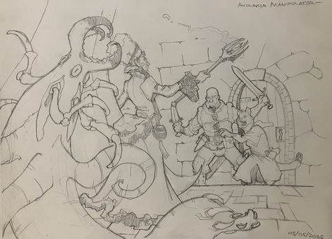 An avolakia - a gross aberration with spiky bits, claws and tentacles - peers out from behind its controlled undead, a vampire brandishing a wand in turn at a couple of interlopers, a human ranger and tabaxi  wizard.