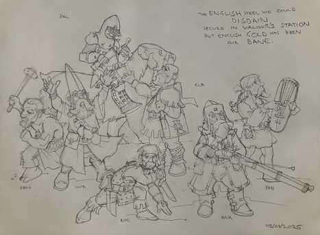 A selection of gnome characters, trying for slightly comic appearances. Left to right barbarian, wizard, paladin on war badger, rogue, cleric, ranger and bard.