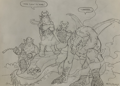 Three durzagons - devil/gray dwarf hybrids - stand around or atop a raised stone in the Underdark. One has summoned a fiend who crouches in vapor from the shift in planes and the three react accordingly.