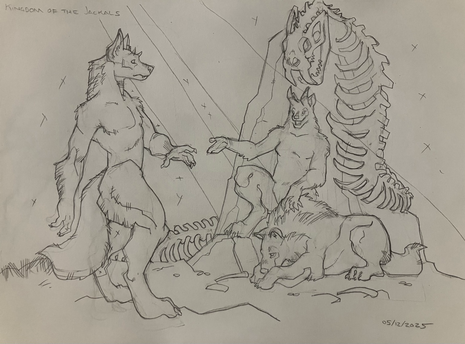 In a throne room lit only by narrow shafts of sunlight from somewhere above, a honed jackal queen reclining on a stone decorated with the skeleton of some immense long-dead serpent, and resting one hand in the mane of a massive hyena/jackal beast, gestures to a subordinate horned jackal were or anthropomorph.