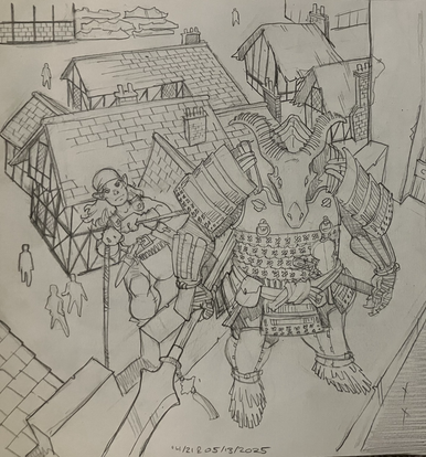 A halfling or gnome rogue scales a building wall right behind a big, heavily armored dragonborn guard armed with a big halberd. In the background are multiple buildings far below.