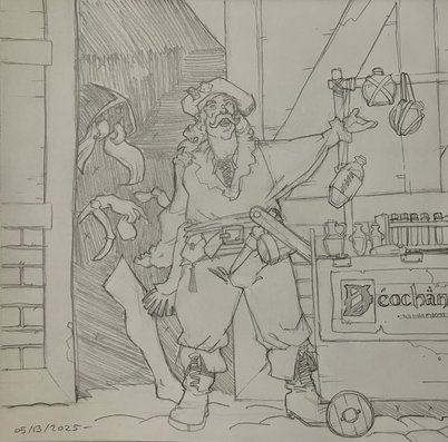 In a fantasy city, a jolly merchant peddles potions from a push cart. But behind him in an alleyway a cloaked figure appears to offer a small purse of coins. Surely our friend wouldn’t be working with a Handmaiden of Lolth, towards sinister ends, would he?