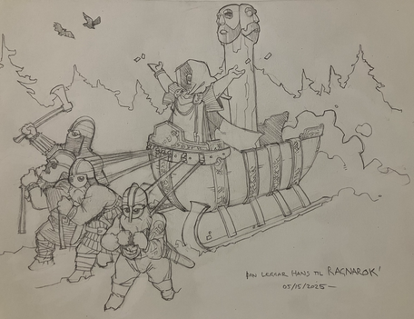 Four dwarves in varying levels of armor pull a priestess’ sled through snow. The priestess is heavily hooded for ritual and tosses out runestones, and the sled also bears a three faced idol, based on descriptions of Baltic paganism. In the background is a forest and a couple of birds.