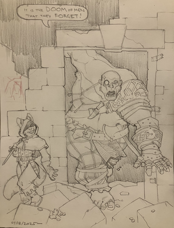 In a ruin, a hooded tabaxi rogue stands ready to ambush a huge formorian giant as he rushes under a wrecked doorway.